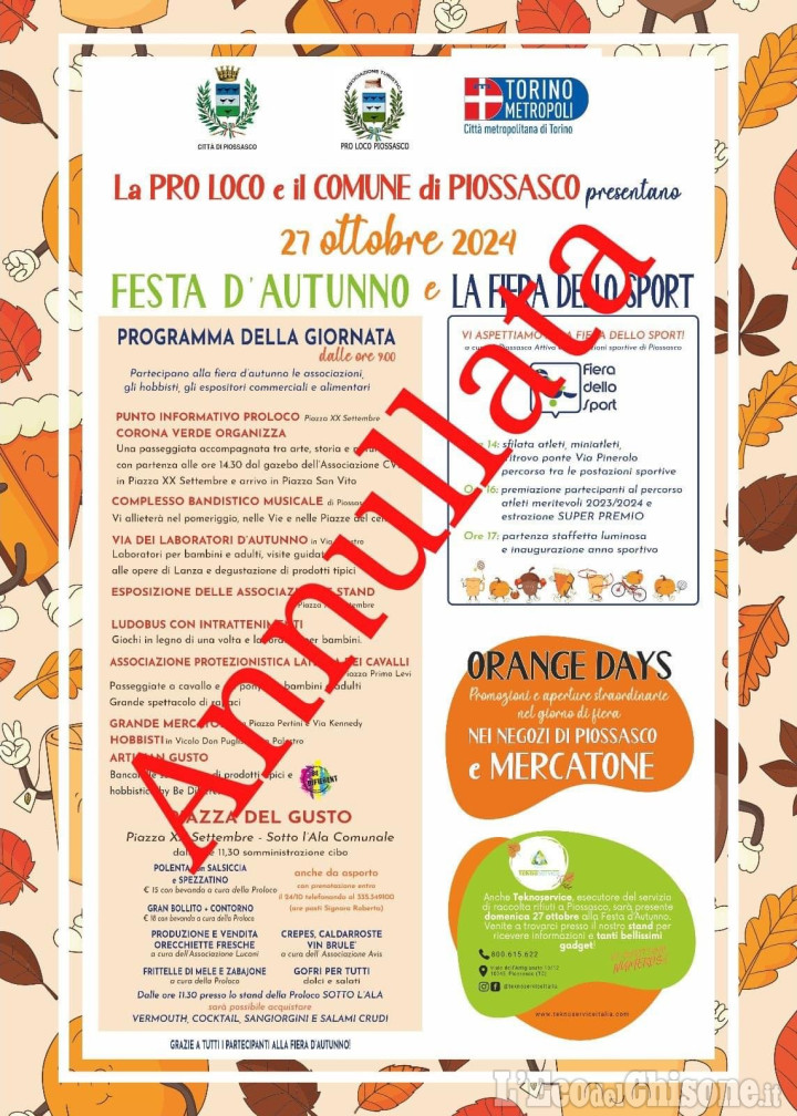 Piossasco: annullata per maltempo la Festa d’autunno con la Fiera dello sport