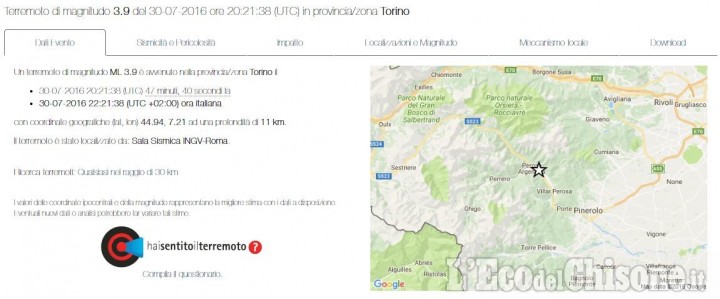 Forti scosse di terremoto in Val Chisone di magnitudo 3,9 e 2,1