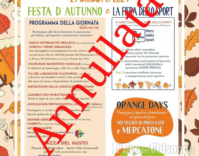 Piossasco: annullata per maltempo la Festa d’autunno con la Fiera dello sport